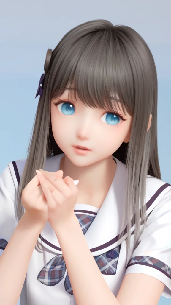 (8k, best quality, masterpiece), (ultra-detailed:1.1), (high detailed skin),1girl, bangs, black_hair, blue_eyes, gradient, gradient_background, grey_background, long_hair, looking_at_viewer, own_hands_together, parted_lips, plaid, sailor_collar, school_uniform, serafuku, shirt, short_sleeves, solo, upper_body,