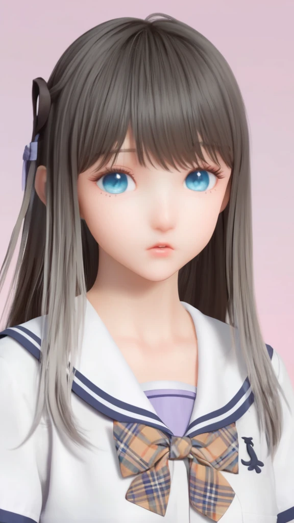(8k, best quality, masterpiece), (ultra-detailed:1.1), (high detailed skin),1girl, bangs, black_hair, blue_eyes, gradient, gradient_background, grey_background, long_hair, looking_at_viewer, own_hands_together, parted_lips, plaid, sailor_collar, school_uniform, serafuku, shirt, short_sleeves, solo, upper_body,