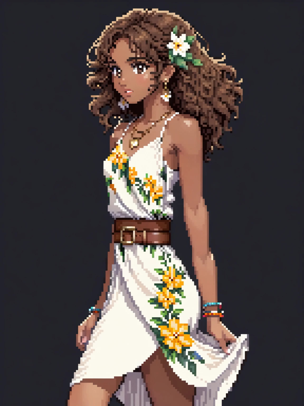 (Pixel art: 1.2), 1 young woman, 23 years old, dark skin, with medium dark brown curly hair held back by a cloth, wearing a white dress with floral details covering her shoulders, arms and legs, a light brown leather belt, small gold earrings, a stone necklace, dress covering her legs, arms and entire body, brown sandals, side view, visible lips and nose, Black background, strong physique.