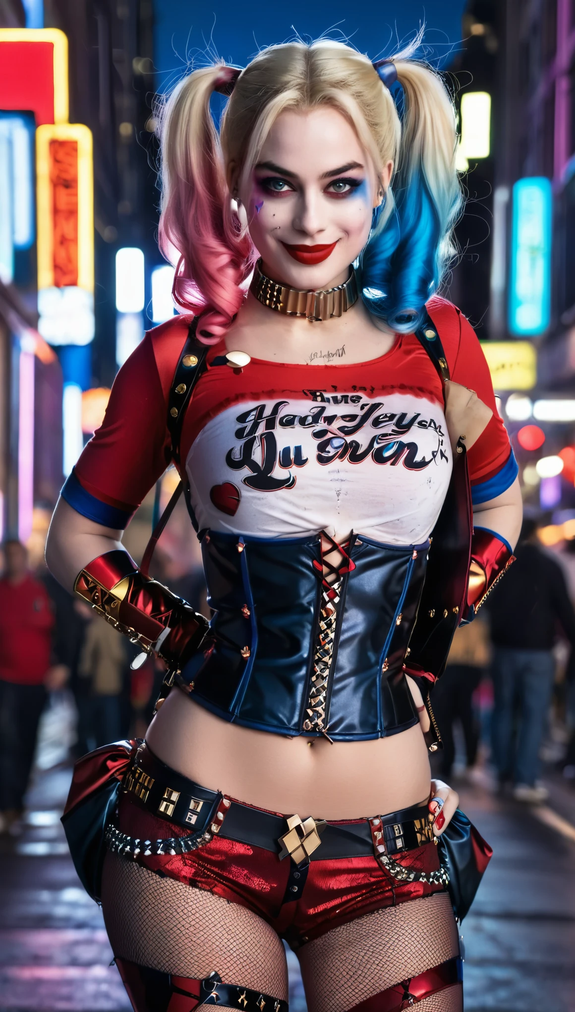 Create a realistic image of a woman, (DD cup breasts), athletic build, hourglass figure, dressed as a Harley Quinn-inspired character, psychotic smile. She has blonde hair styled in two pigtails, with the ends dyed red and blue. She wears a red and black corset top with lace-up detailing, red shorts, and a choker necklace. She has amazing legs. Her makeup includes bold eye colors matching her hair and a small heart on her cheek. The background is a vibrant city street at night, with neon lights and a bustling crowd of people. The overall atmosphere is edgy and dynamic, capturing a playful yet mischievous vibe. (Wide angle distant full body view:1.6). Hyper realistic photo, vibrant colors, 16k