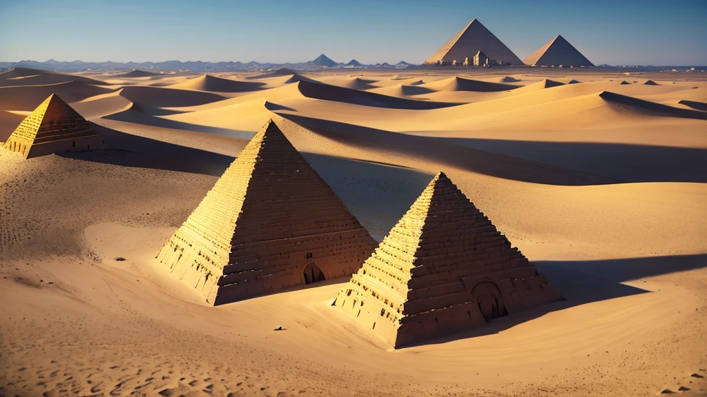 Acient Egypt sandy deserts with pyramids in far away background