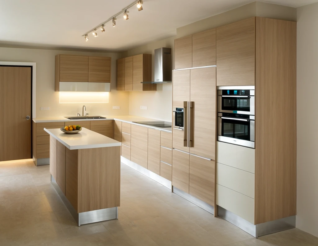 kitchen interior, modern style, oak wood cabinet, neutral color scheme, beautiful lighting, (realistic:1.2), Raw photo,Masterpiece, high quality, best quality, authentic, super detail,