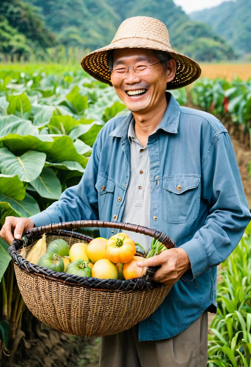 A Taiwanese farmer in his 60s ,harvest season, Laughing happily,Holding a basket in hand ,photo,