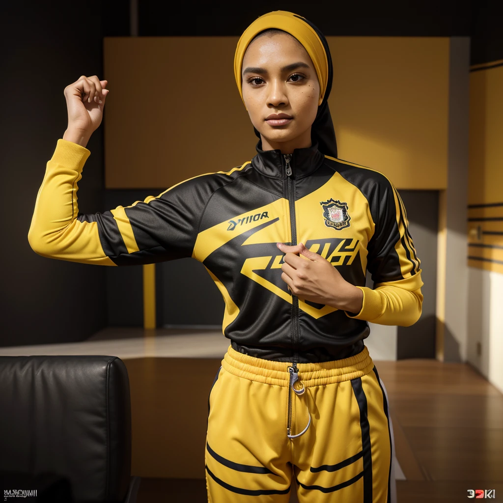 Hyper 4k, highres, masterpiece, high quality, detail realistic, photorealistic, semi-realistic, potrait,
Caricature 3D, 3D Animation, malay male wearing sport jersey, long tracksuit, hijab female wearing proper jersey, standing, wearing sport attire for olympic, black and yellow colour with tiger strip design, facing camera, malaysia badge, studio photoshoot,