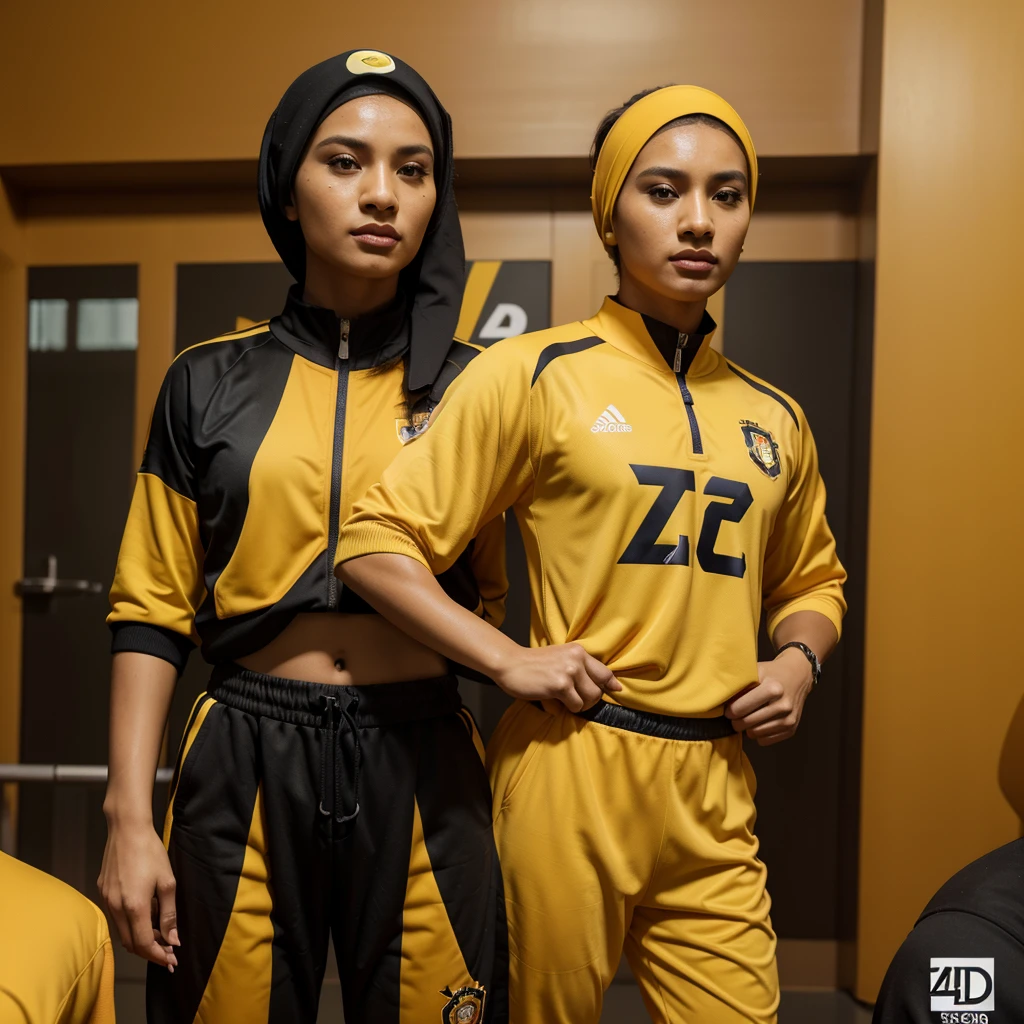 Hyper 4k, highres, masterpiece, high quality, detail realistic, photorealistic, semi-realistic, potrait,
Caricature 3D, 3D Animation, malay male wearing sport jersey, long tracksuit, hijab female wearing proper jersey, standing, wearing sport attire for olympic, black and yellow colour with tiger strip design, facing camera, malaysia badge, studio photoshoot,