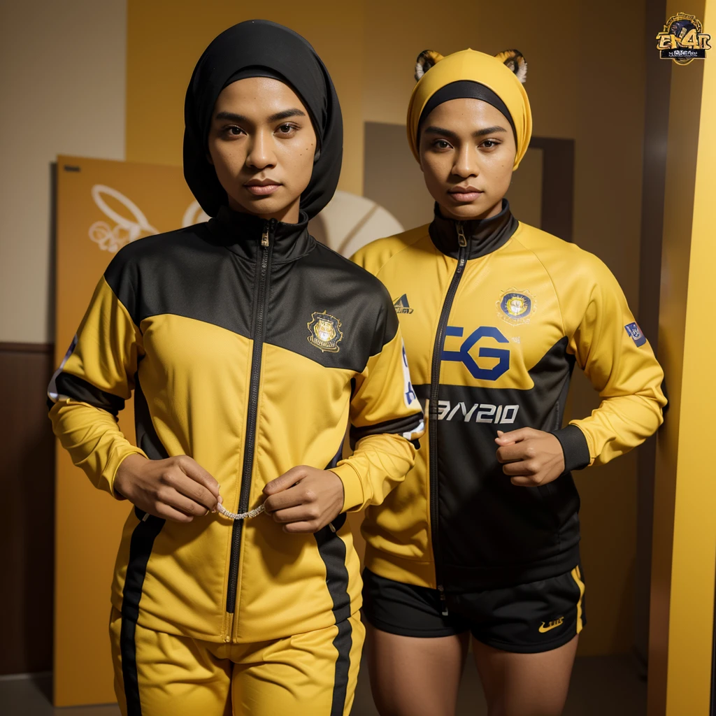 Hyper 4k, highres, masterpiece, high quality, detail realistic, photorealistic, semi-realistic, potrait,
Caricature 3D, 3D Animation, malay male wearing sport jersey, long tracksuit, hijab female wearing proper jersey, standing, wearing sport attire for olympic, black and yellow colour with tiger strip design, facing camera, malaysia badge, studio photoshoot,
