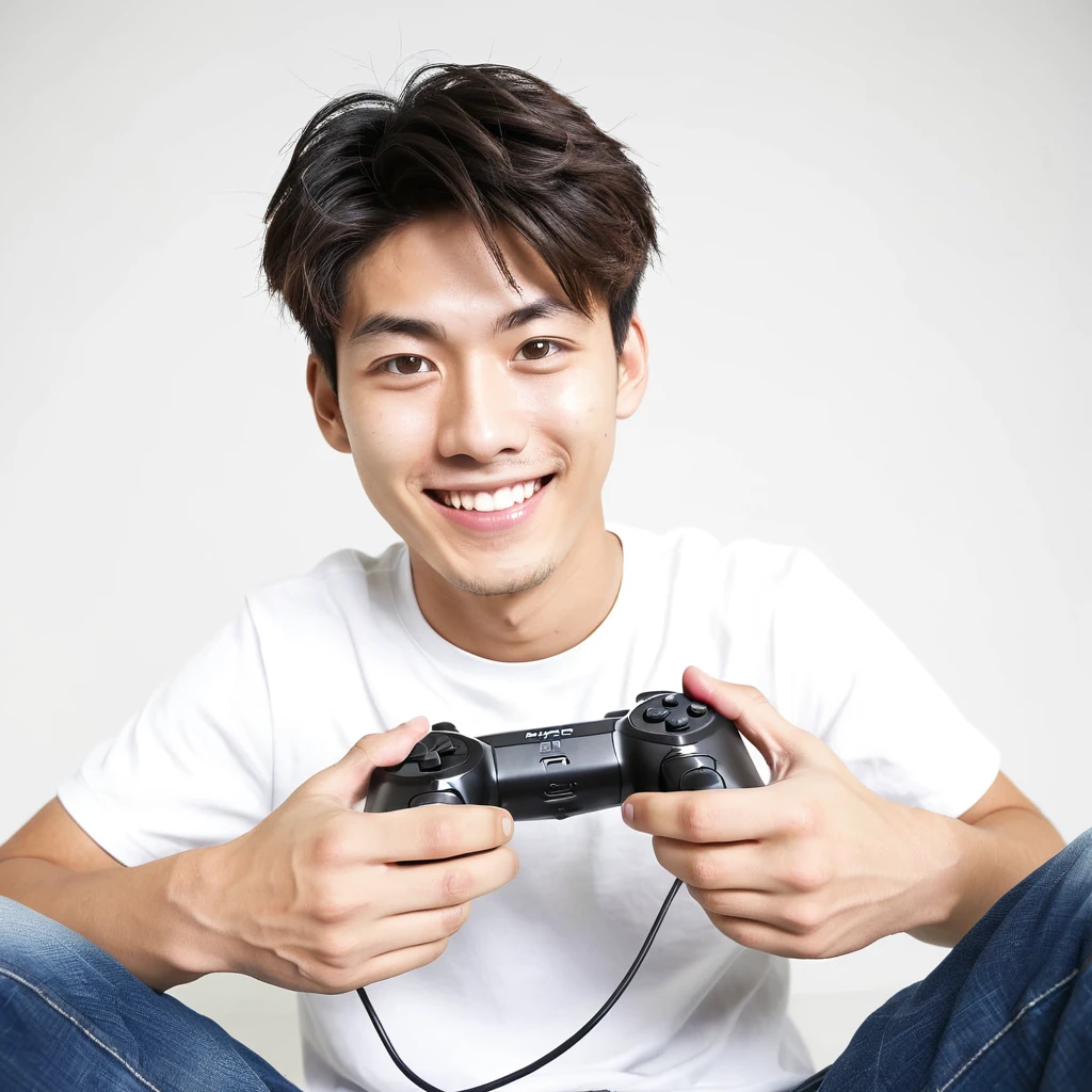 male　youth　university student　Japanese　A refreshing look　holding a game controller in hand　looking at the camera　smile　Wide angle　White background　Surprised expression