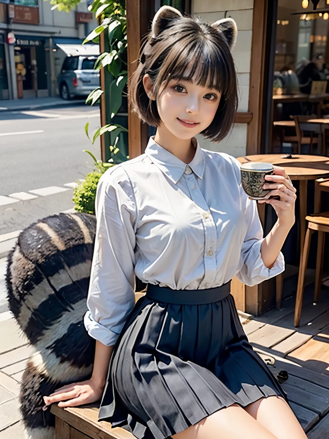 ((Highest quality, 32k)), ((masterpiece)), (Familiar), Perfect Face,  pretty girl, She is sitting on the terrace of a cafe in the city., She is relaxing and drinking tea, She has a bushy tail on her butt, She has a fluffy tail, Beautiful hip line, Small breasts, She is wearing a neat blouse and pleated skirt., A bushy tail is visible from under her skirt,, Slender body,  Her tail sticks out from under her skirt, (A single raccoon tail protrudes from the inside of her skirt.:1.4), The base of her tail is hidden under her skirt., She is gently stroking her tail