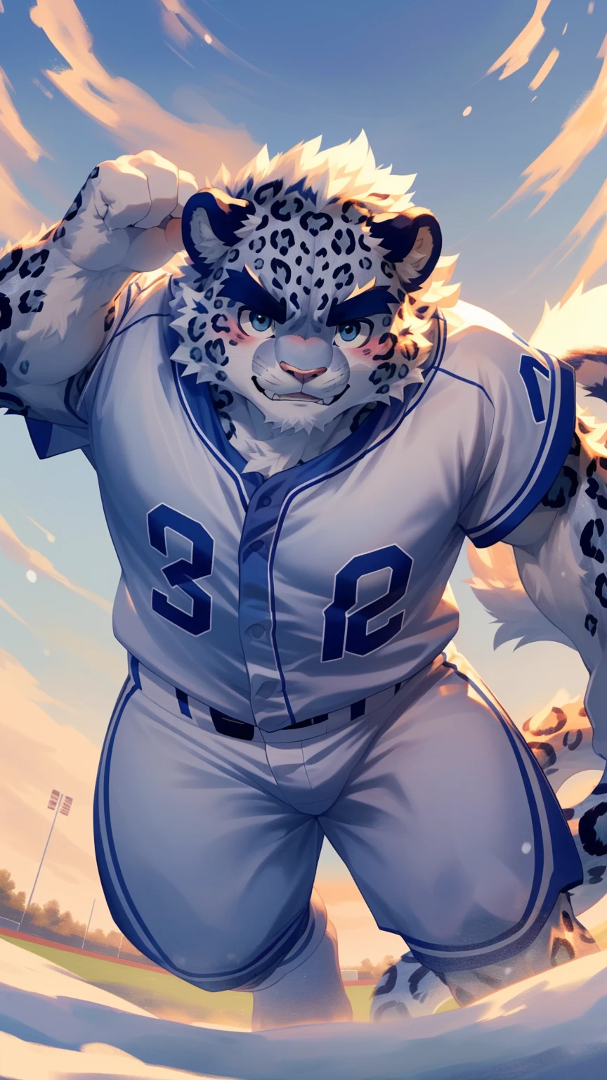 (Vision:1.5), solitary, anthropology, hairy, hairy male, snow leopard, ((Fluffy fur, Fluffy, hairy body)), (snow leopard print), (Thick eyebrows), youth, muscular, White and big skin, Blue-gray pupils, Detailed teeth, defaced face, fundos, baseball player, Gray purple baseball uniform, Small bump, On the pitch, Play baseball, sideways, Shy expression, A faint smile, blush, (Dynamic poses:1.5), Clear facial features, Strong, majestic, Sweat,solitary, panoramic, Fog atmosphere, early morning, Tyndall light effect, On the pitch, (By Empty Ghost, From snow leopard20, masterpiece, high quality, high resolution,8K)