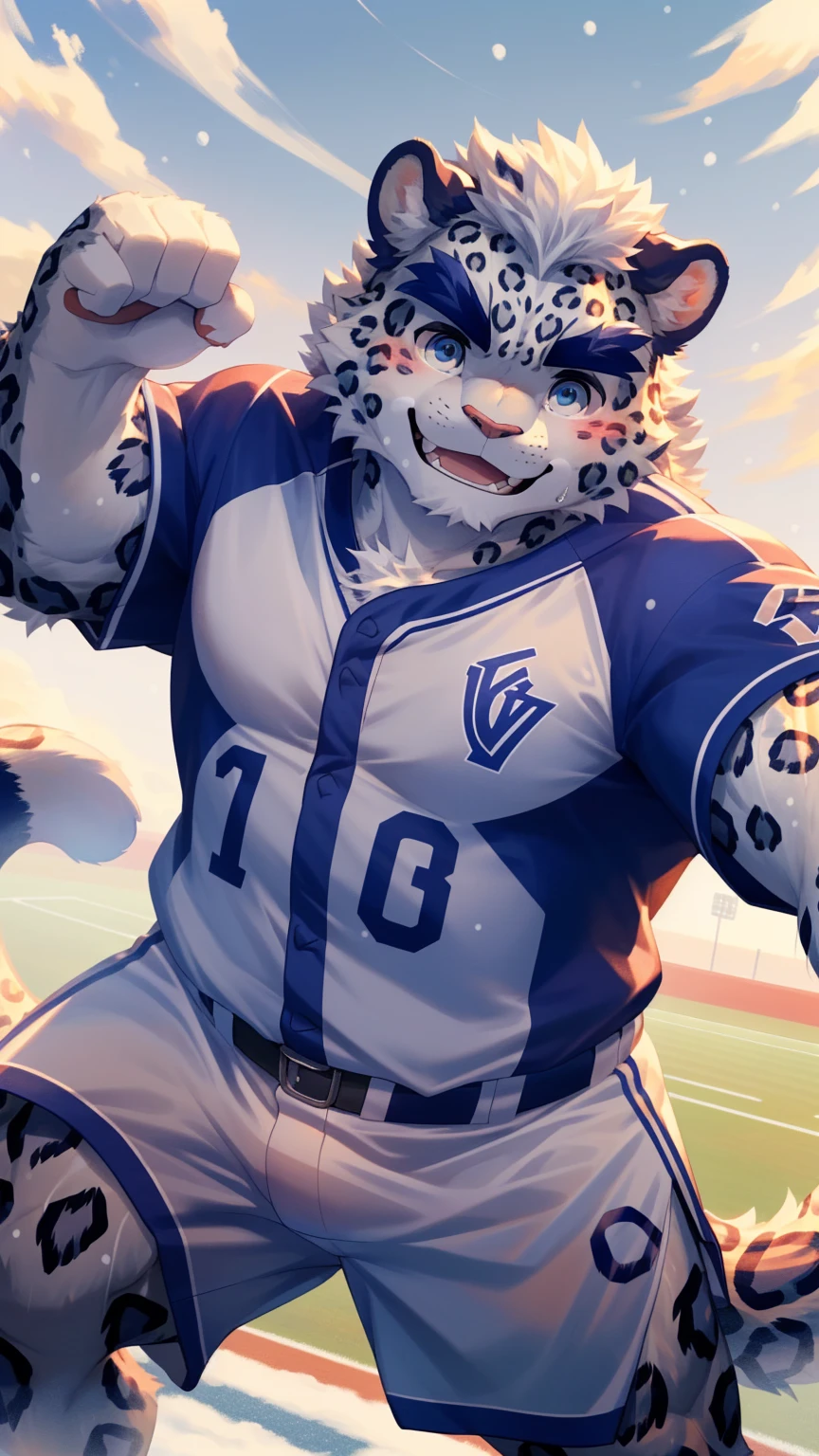 (Vision:1.5), solitary, anthropology, hairy, hairy male, snow leopard, ((Fluffy fur, Fluffy, hairy body)), (snow leopard print), (Thick eyebrows), youth, muscular, White and big skin, Blue-gray pupils, Detailed teeth, defaced face, fundos, baseball player, Gray purple baseball uniform, Small bump, On the pitch, Play baseball, sideways, Shy expression, A faint smile, blush, (Dynamic poses:1.5), Clear facial features, Strong, majestic, Sweat,solitary, panoramic, Fog atmosphere, early morning, Tyndall light effect, On the pitch, (By Empty Ghost, From snow leopard20, masterpiece, high quality, high resolution,8K)