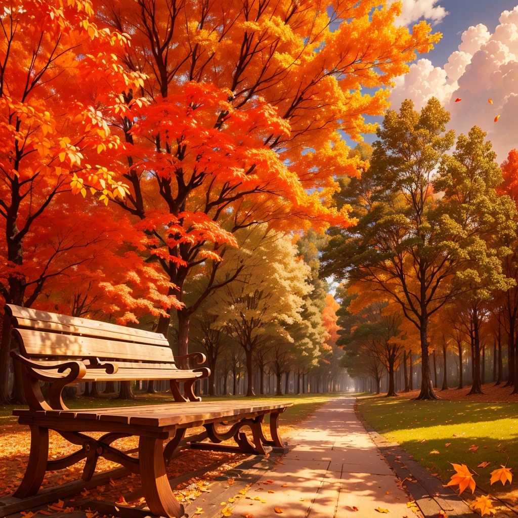 (Highest quality, High resolution), Vibrant colors,Low - Angle,
(古びたwood製のベンチ:1.3),Fascinating and enchanting autumn scenery. Warm earth tones, Soft and natural lighting.Autumn leaves background, Vibrant colorsの葉, The golden leaves gently fall, wood々Warm sunlight shining in from between, Peaceful and calm atmosphere, Soft rays of light illuminating the scene, The sound of rustling leaves, Fresh, cool air, Textured bark, A carpet of fallen leaves on the ground, Quiet and picturesque setting, Natural beauty in full bloom,