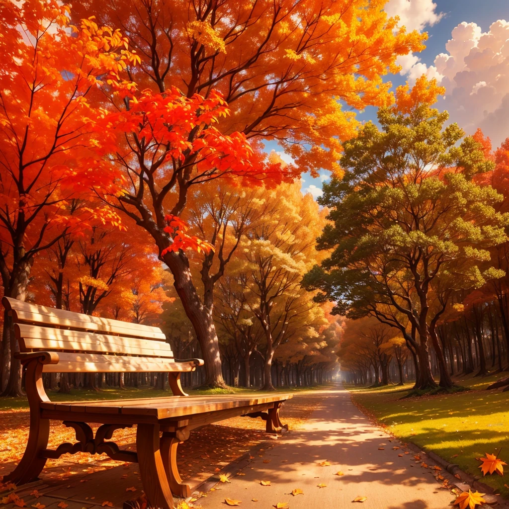 (Highest quality, High resolution), Vibrant colors,Low - Angle,

(古びたwood製のベンチ:1.3),Fascinating and enchanting autumn scenery. Warm earth tones, Soft and natural lighting.Autumn leaves background, Vibrant colorsの葉, The golden leaves gently fall, wood々Warm sunlight shining in from between, Peaceful and calm atmosphere, Soft rays of light illuminating the scene, The sound of rustling leaves, Fresh, cool air, Textured bark, A carpet of fallen leaves on the ground, Quiet and picturesque setting, Natural beauty in full bloom, 