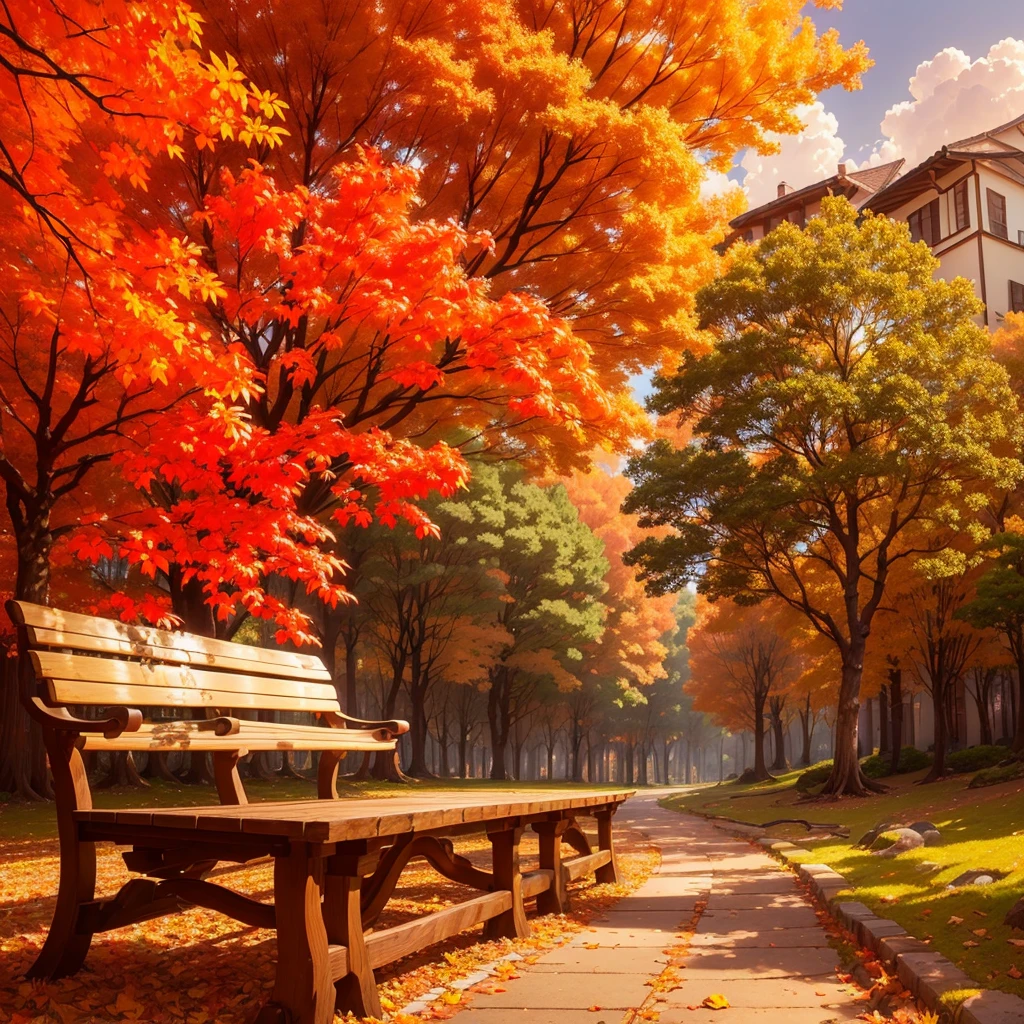 (Highest quality, High resolution), Vibrant colors,Low - Angle,

(古びたwood製のベンチ:1.3),Fascinating and enchanting autumn scenery. Warm earth tones, Soft and natural lighting.Autumn leaves background, Vibrant colorsの葉, The golden leaves gently fall, wood々Warm sunlight shining in from between, Peaceful and calm atmosphere, Soft rays of light illuminating the scene, The sound of rustling leaves, Fresh, cool air, Textured bark, A carpet of fallen leaves on the ground, Quiet and picturesque setting, Natural beauty in full bloom, 