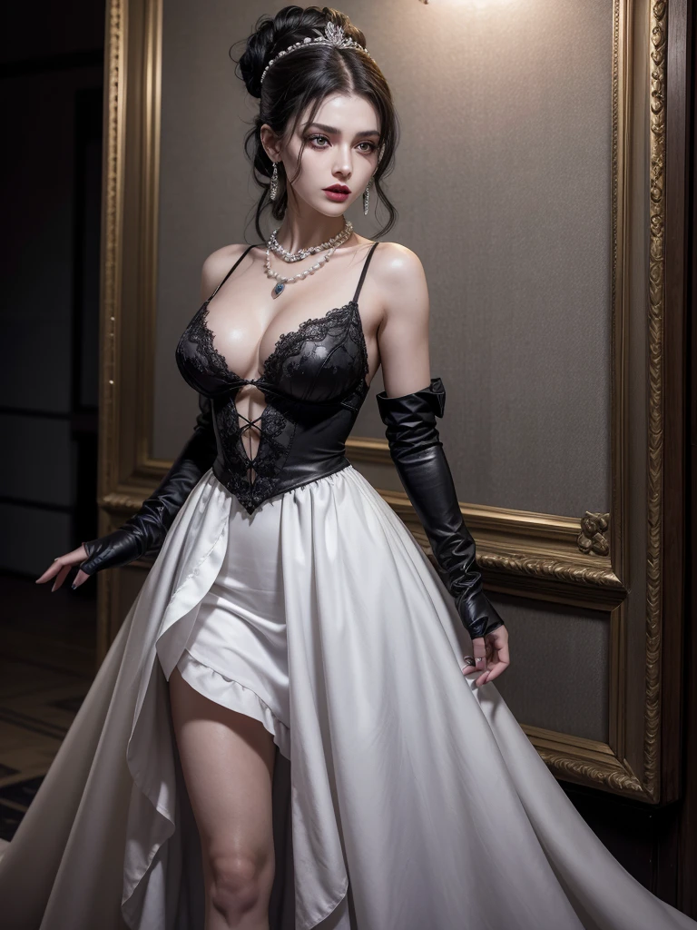 Alcina Dimitrescu is a character from the game "Resident Evil Village" and the villain of that game. As a result of the infection, Alcina has gray skin and yellow eyes, she has black hair tied in a bun, and wears makeup consisting of purple eyeshadow and red lipstick .
She wears a low-cut white dress with details and two black roses on the side, with black gloves, high heels, earrings and pearl necklaces with the Dimitrescu family crest. She wears a vast and characteristic black hat.