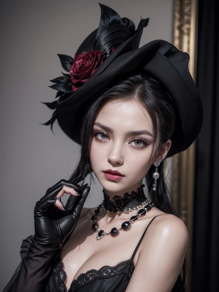Alcina Dimitrescu is a character from the game "Resident Evil Village" and the villain of that game. As a result of the infection, Alcina has gray skin and yellow eyes, she has black hair tied in a bun, and wears makeup consisting of purple eyeshadow and red lipstick .
She wears a low-cut white dress with details and two black roses on the side, with black gloves, high heels, earrings and pearl necklaces with the Dimitrescu family crest. She wears a vast and characteristic black hat.