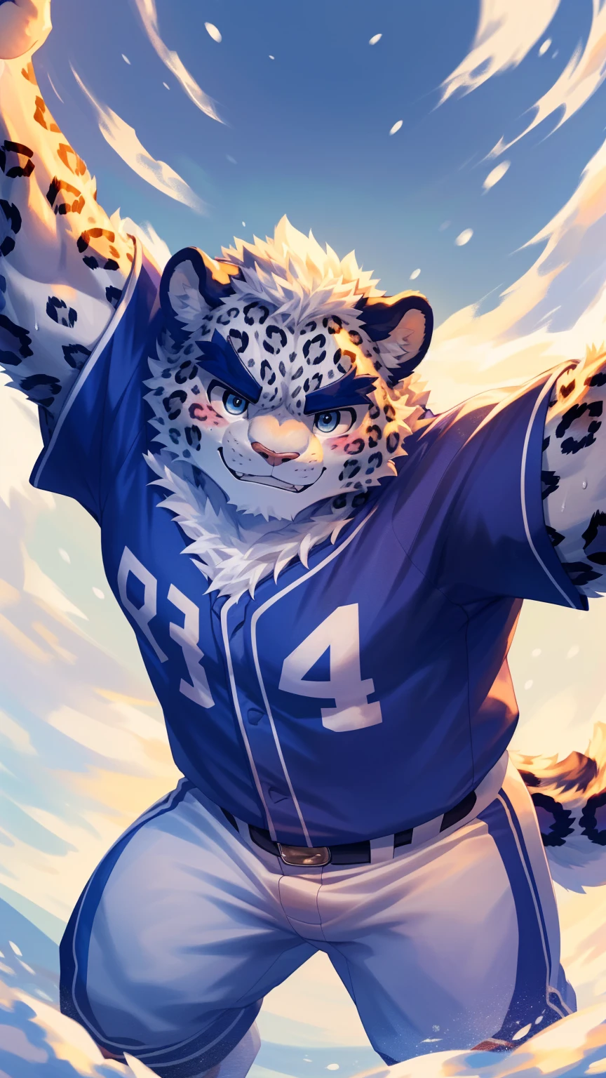 (Vision:1.5), solitary, anthropology, hairy, hairy male, snow leopard, ((Fluffy fur, Fluffy, hairy body)), (snow leopard print), (Thick eyebrows), youth, muscular, White and big skin, Blue-gray pupils, Detailed teeth, defaced face, fundos, baseball player, Gray purple baseball uniform, Small bump, On the pitch, Play baseball, sideways, Shy expression, A faint smile, blush, (Dynamic poses:1.5), Clear facial features, Strong, majestic, Sweat,solitary, panoramic, Fog atmosphere, early morning, Tyndall light effect, On the pitch, (By Empty Ghost, From snow leopard20, masterpiece, high quality, high resolution,8K)