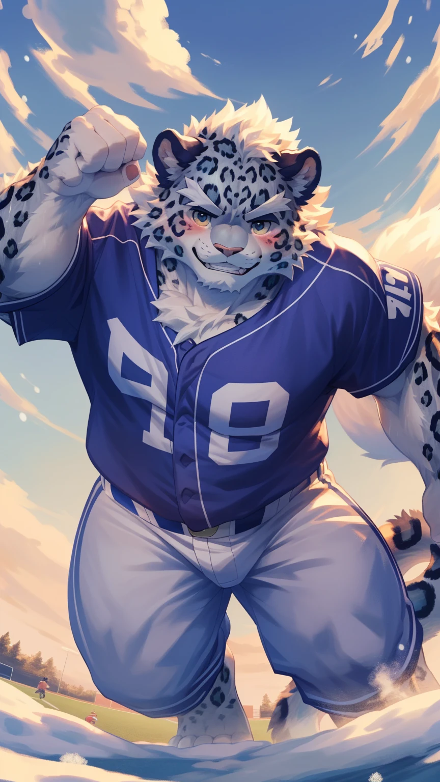 (Vision:1.5), solitary, anthropology, hairy, hairy male, snow leopard, ((Fluffy fur, Fluffy, hairy body)), (snow leopard print), (Thick eyebrows), youth, muscular, White and big skin, Blue-gray pupils, Detailed teeth, defaced face, fundos, baseball player, Gray purple baseball uniform, Small bump, On the pitch, Play baseball, sideways, Shy expression, A faint smile, blush, (Dynamic poses:1.5), Clear features, Strong, majestic, Sweat,solitary, panoramic, Fog atmosphere, early morning, Tyndall light effect, On the pitch, (By Empty Ghost, From snow leopard20, masterpiece, high quality, high resolution,8K)