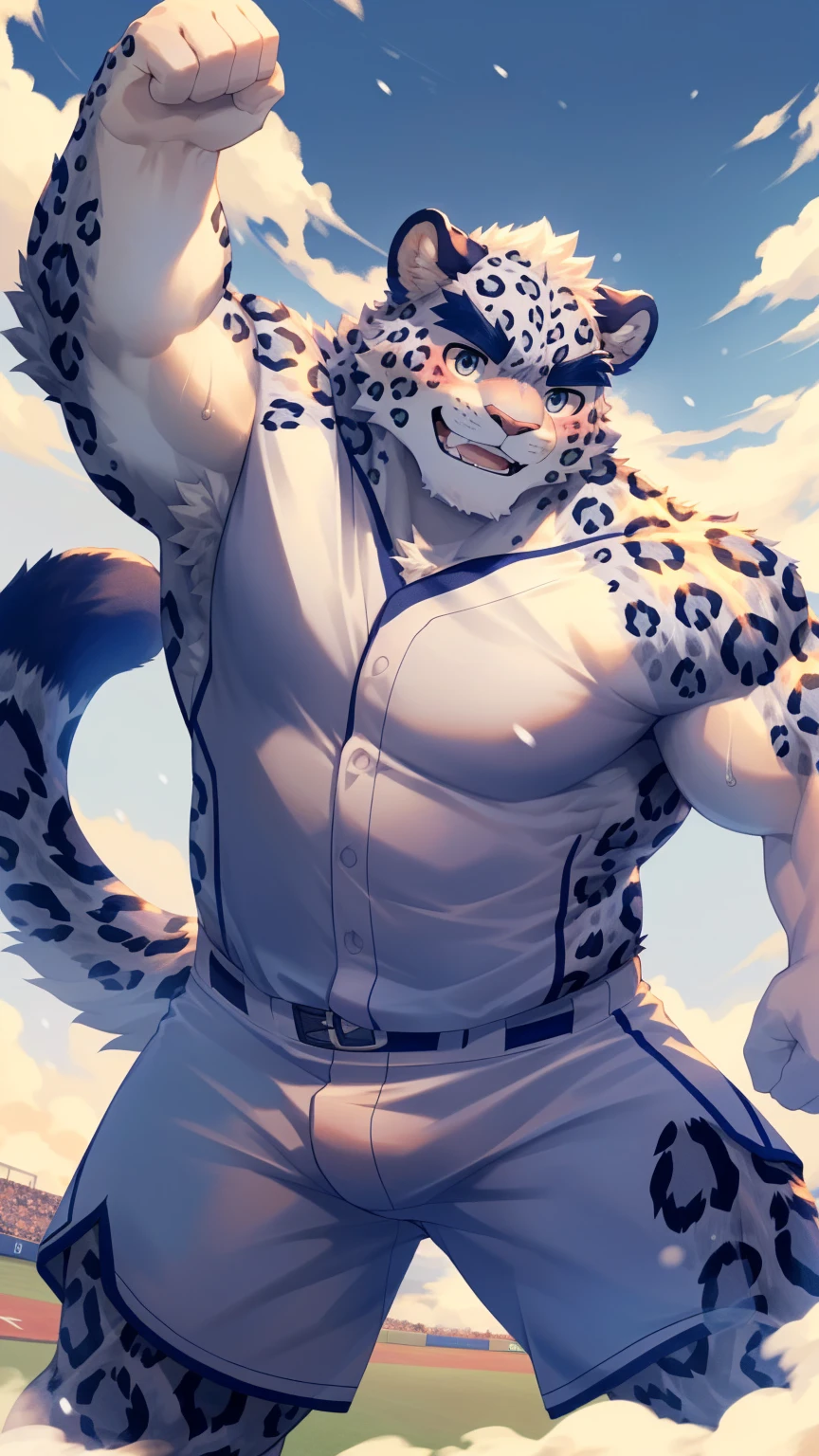 (Vision:1.5), solitary, anthropology, hairy, hairy male, snow leopard, ((Fluffy fur, Fluffy, hairy body)), (snow leopard print), (Thick eyebrows), youth, muscular, White and big skin, Blue-gray pupils, Detailed teeth, defaced face, fundos, baseball player, Gray purple baseball uniform, Small bump, On the pitch, Play baseball, sideways, Shy expression, A faint smile, blush, (Dynamic poses:1.5), Clear facial features, Strong, majestic, Sweat,solitary, panoramic, Fog atmosphere, early morning, Tyndall light effect, On the pitch, (By Empty Ghost, From snow leopard20, masterpiece, high quality, high resolution,8K)