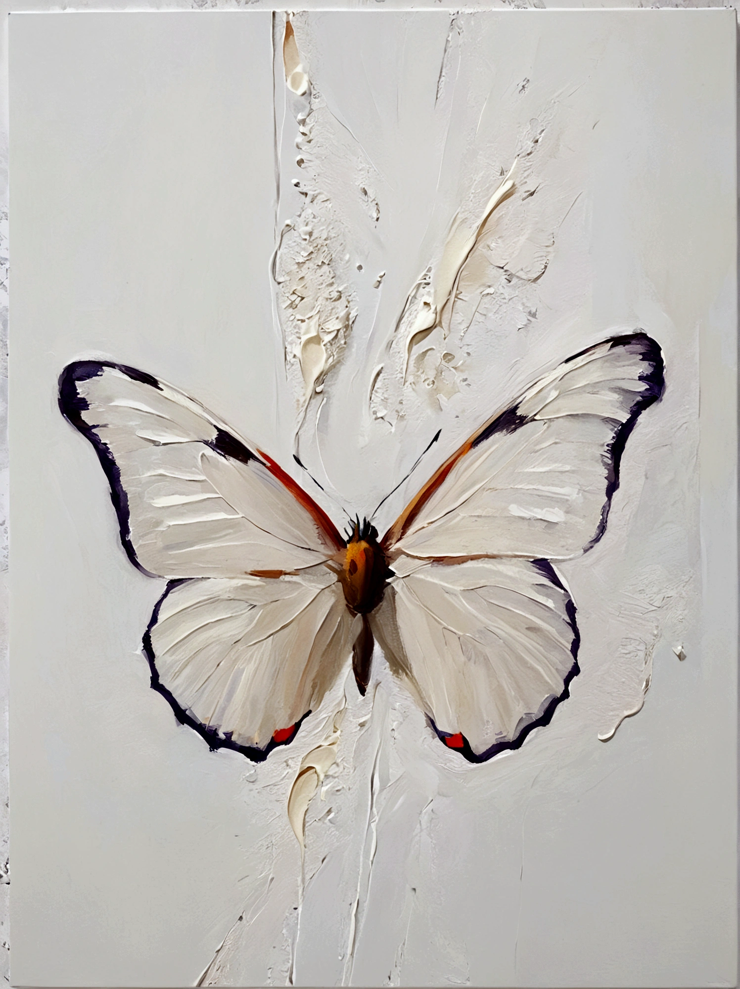 A butterfly，Perfect proportion，symmetry，vanilla，bright，White background，real，emotion，Thick textured paint, 