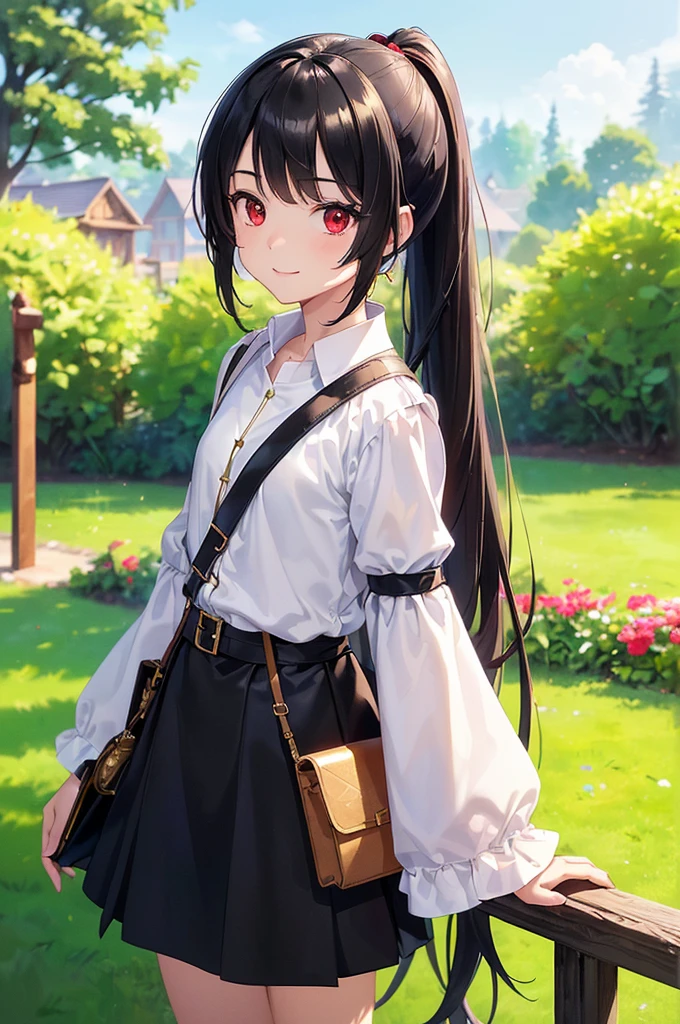 (masterpiece; best quality: 1.2), (finely detailed eyes: 1.3), ((10 year old female ???)), ((solo)), (red eyes: 1.4), (body; short, slender: 1.3), (black hair in ponytail: 1.3), (beautiful and clear background: 1.2), ((depth of field)), (clothes: wanderer mage attire + white-and-gold wide-sleeve shirt + very long black skirt + traveler pouches and satchel: 1.3), (anime illustration: 1.2), (background; garden exterior: 1.1), (extremely fine and beautiful: 1.1), (shot composition; standing + centered on torso + close-up: 1.5), (expression; calm, smile: 1.2)