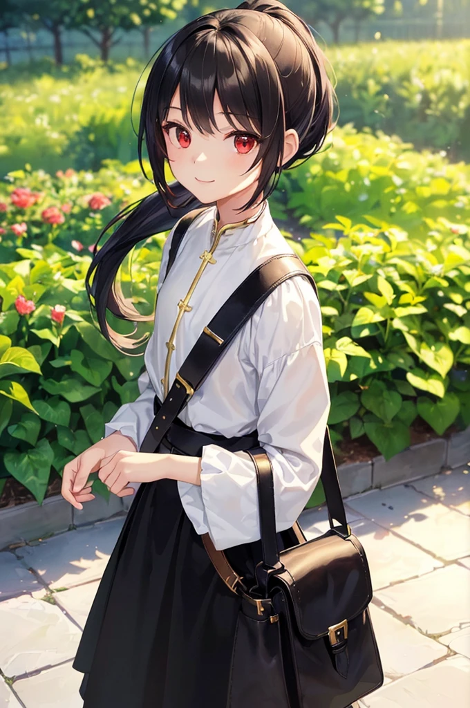 (masterpiece; best quality: 1.2), (finely detailed eyes: 1.3), ((10 year old female ???)), ((solo)), (red eyes: 1.4), (body; short, slender: 1.3), (black hair in ponytail: 1.3), (beautiful and clear background: 1.2), ((depth of field)), (clothes: wanderer mage attire + white-and-gold wide-sleeve shirt + very long black skirt + traveler pouches and satchel: 1.3), (anime illustration: 1.2), (background; garden exterior: 1.1), (extremely fine and beautiful: 1.1), (shot composition; standing + centered on torso + close-up: 1.5), (expression; calm, smile: 1.2)
