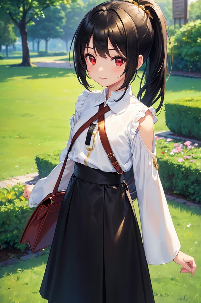 (masterpiece; best quality: 1.2), (finely detailed eyes: 1.3), ((10 year old female kid)), ((solo)), (red eyes: 1.4), (body; short, slender: 1.3), (black hair in ponytail: 1.3), (beautiful and clear background: 1.2), ((depth of field)), (clothes: wanderer mage attire + white-and-gold wide-sleeve shirt + very long black skirt + traveler pouches and satchel: 1.3), (anime illustration: 1.2), (background; garden exterior: 1.1), (extremely fine and beautiful: 1.1), (shot composition; standing + centered on torso + close-up: 1.5), (expression; calm, smile: 1.2)