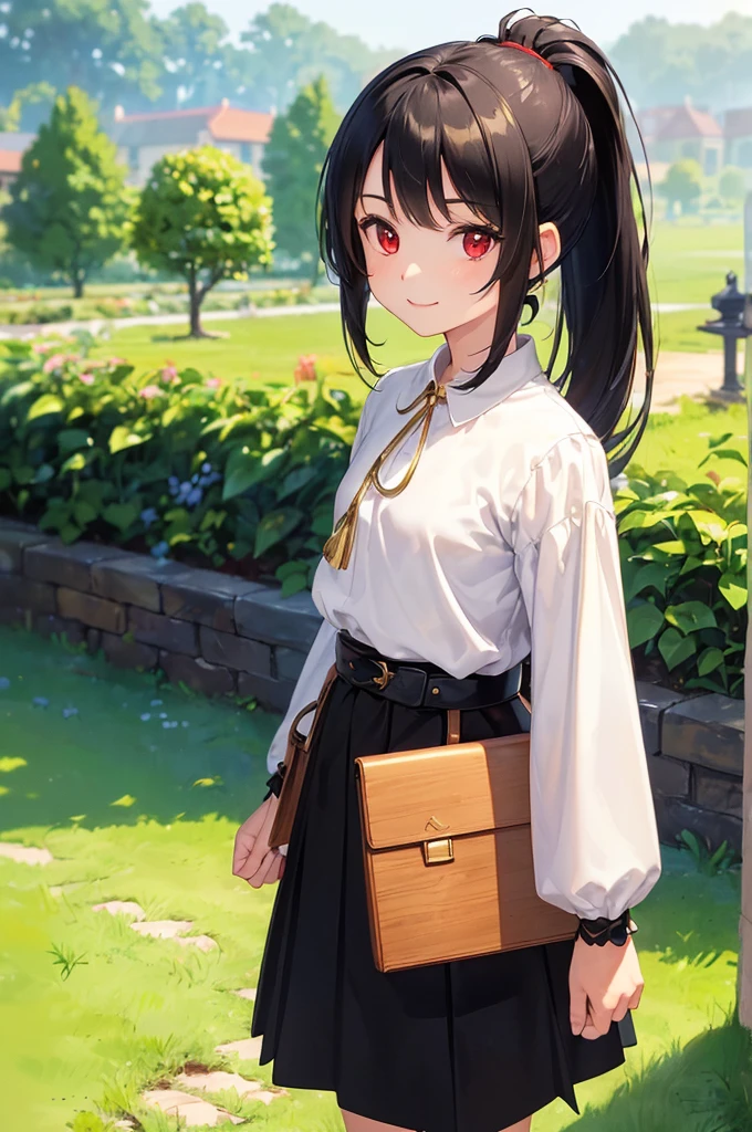 (masterpiece; best quality: 1.2), (finely detailed eyes: 1.3), ((10 year old female kid)), ((solo)), (red eyes: 1.4), (body; short, slender: 1.3), (black hair in ponytail: 1.3), (beautiful and clear background: 1.2), ((depth of field)), (clothes: wanderer mage attire + white-and-gold wide-sleeve shirt + very long black skirt + traveler pouches and satchel: 1.3), (anime illustration: 1.2), (background; garden exterior: 1.1), (extremely fine and beautiful: 1.1), (shot composition; standing + centered on torso + close-up: 1.5), (expression; calm, smile: 1.2)