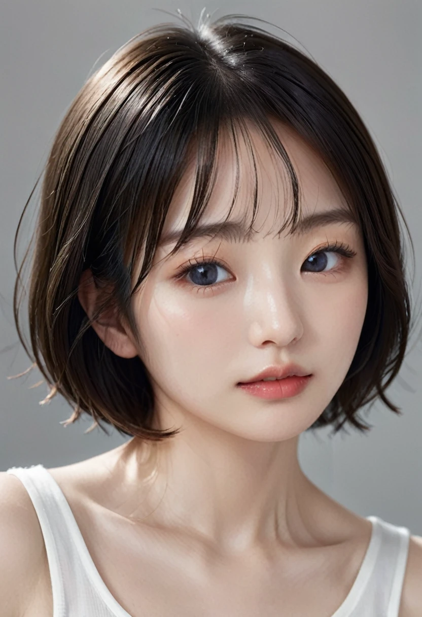 photorealistic, Photography ,BREAK, short hair woman, taking a (selfie:1.8), (from above:1.5) , (white T-shirts and denim) , on the chair , white background, (short hair), BREAK, 8k , LAW , best-quality, masterpiece, hyper realistic detail shiny skin , natural shading , realistic shadow, BREAK (hyper realistic detail shiny skin, detailed skin, detailed hair, ultra sharpness, intricate details), perfect anatomy
