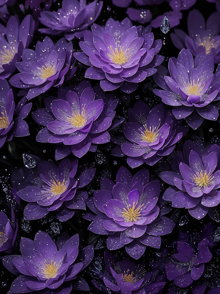 purple flowers with water droplets on them in the dark, beautiful flowers and crystals, beautiful!!!!!!!!!, magical flowers, beautiful detail, dewdrops, purple sparkles, ethereal!!!!!!!, dew drops, extremely beautiful and ethereal, sparkling petals, dew, beautiful detail and color, intricate foreground, ethereal beauty, intricate and beautiful, stunningly beautiful, beautiful!!!, intricately