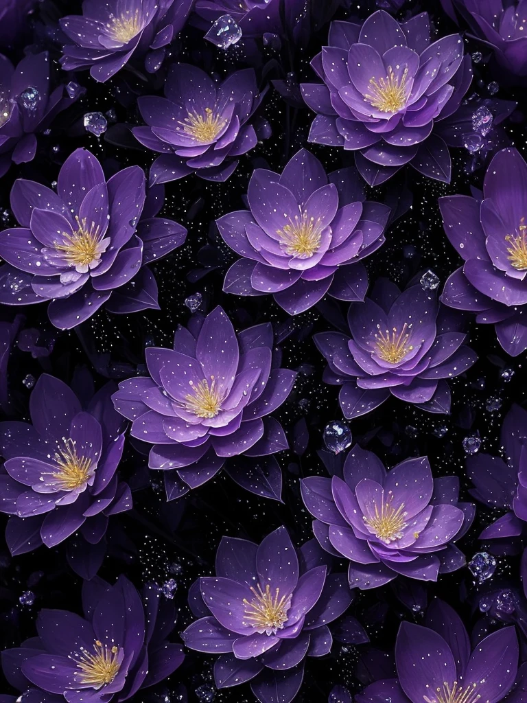 purple flowers with water droplets on them in the dark, beautiful flowers and crystals, beautiful!!!!!!!!!, magical flowers, beautiful detail, dewdrops, purple sparkles, ethereal!!!!!!!, dew drops, extremely beautiful and ethereal, sparkling petals, dew, beautiful detail and color, intricate foreground, ethereal beauty, intricate and beautiful, stunningly beautiful, beautiful!!!, intricately
