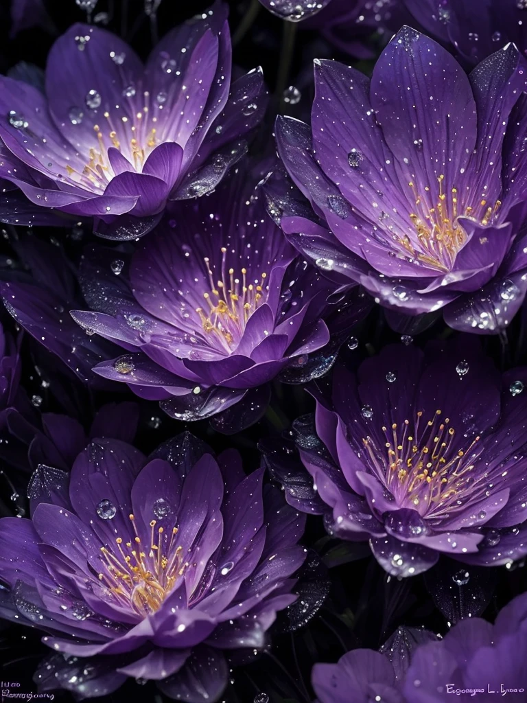 purple flowers with water droplets on them in the dark, a macro photograph by Eugene Leroy, flickr, art nouveau, beautiful flowers and crystals, beautiful!!!!!!!!!, magical flowers, beautiful detail, dewdrops, purple sparkles, ethereal!!!!!!!, dew drops, extremely beautiful and ethereal, sparkling petals, dew, beautiful detail and color, intricate foreground, ethereal beauty, intricate and beautiful