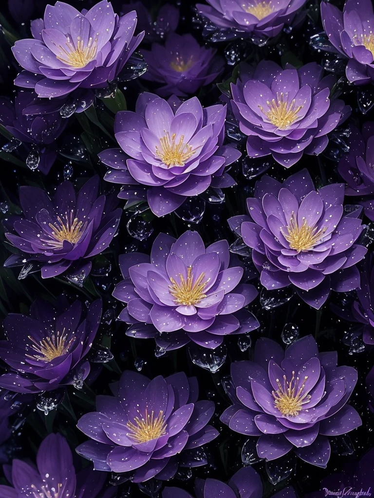 purple flowers with water droplets on them in the dark, beautiful flowers and crystals, beautiful!!!!!!!!!, magical flowers, beautiful detail, dewdrops, purple sparkles, ethereal!!!!!!!, dew drops, extremely beautiful and ethereal, sparkling petals, dew, beautiful detail and color, intricate foreground, ethereal beauty, intricate and beautiful, stunningly beautiful, beautiful!!!, intricately