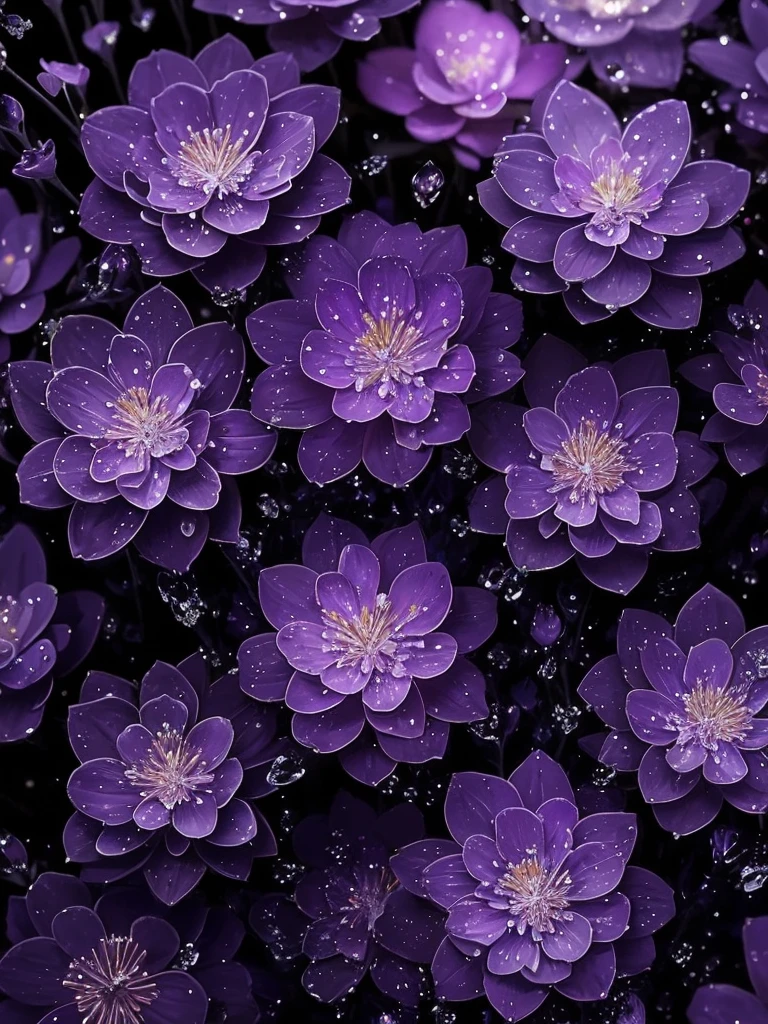 purple flowers with water droplets on them in the dark, beautiful flowers and crystals, beautiful!!!!!!!!!, magical flowers, beautiful detail, dewdrops, purple sparkles, ethereal!!!!!!!, dew drops, extremely beautiful and ethereal, sparkling petals, dew, beautiful detail and color, intricate foreground, ethereal beauty, intricate and beautiful, stunningly beautiful, beautiful!!!, intricately