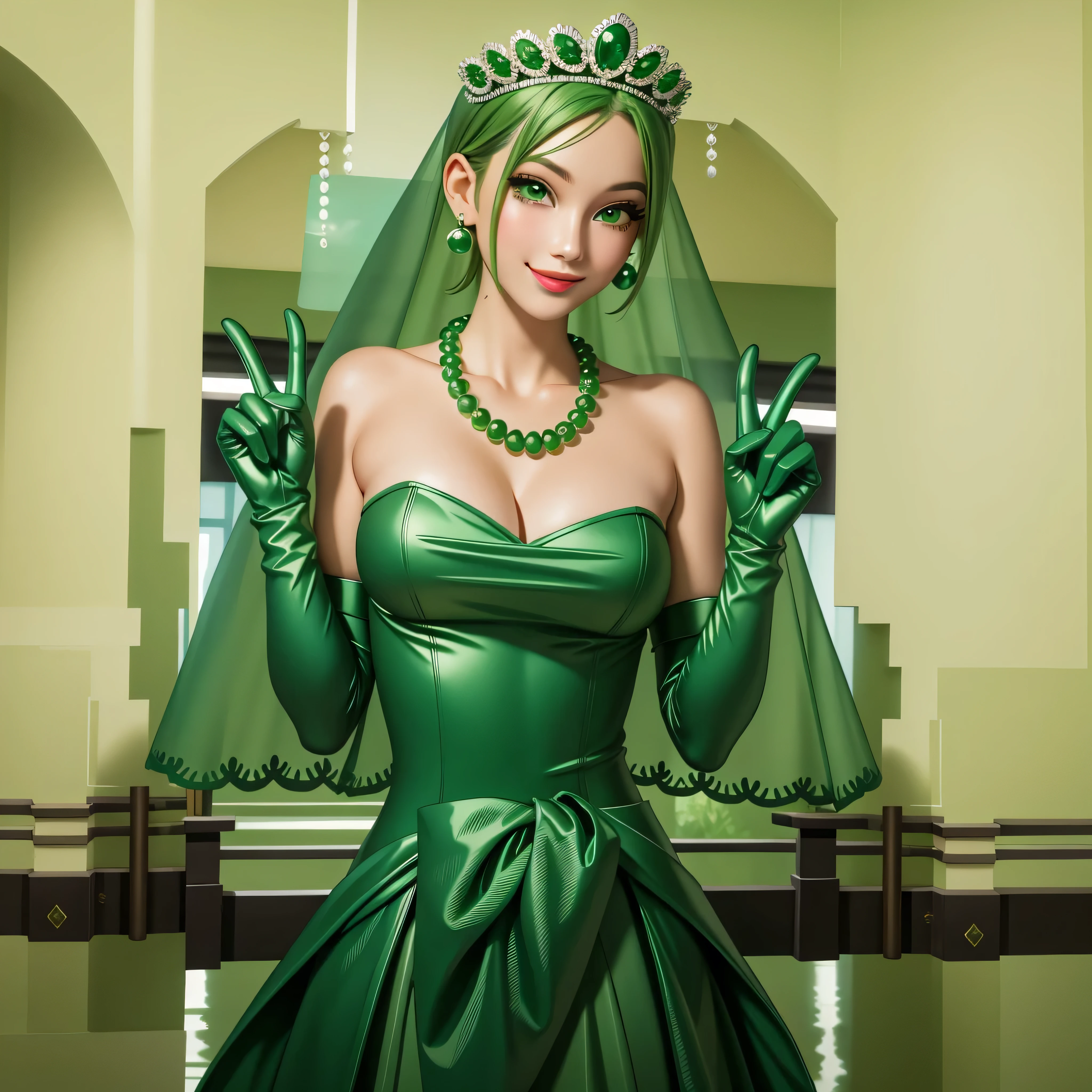 emerald tiara, Green Pearl Necklace, Boyish very short green hair, Green Lips, Smiling Japanese woman, Very short hair, Busty beautiful lady, Green Eyes, Green satin long gloves, Green Eyes, Emerald Earrings, Green veil, V sign, Green Hair, Beautiful Japanese Woman, green lip gloss