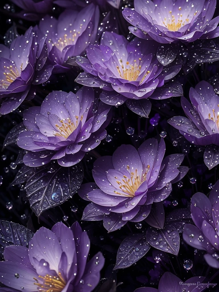 purple flowers with water droplets on them in the dark, a macro photograph by Eugene Leroy, flickr, art nouveau, beautiful flowers and crystals, beautiful!!!!!!!!!, magical flowers, beautiful detail, dewdrops, purple sparkles, ethereal!!!!!!!, dew drops, extremely beautiful and ethereal, sparkling petals, dew, beautiful detail and color, intricate foreground, ethereal beauty, intricate and beautiful