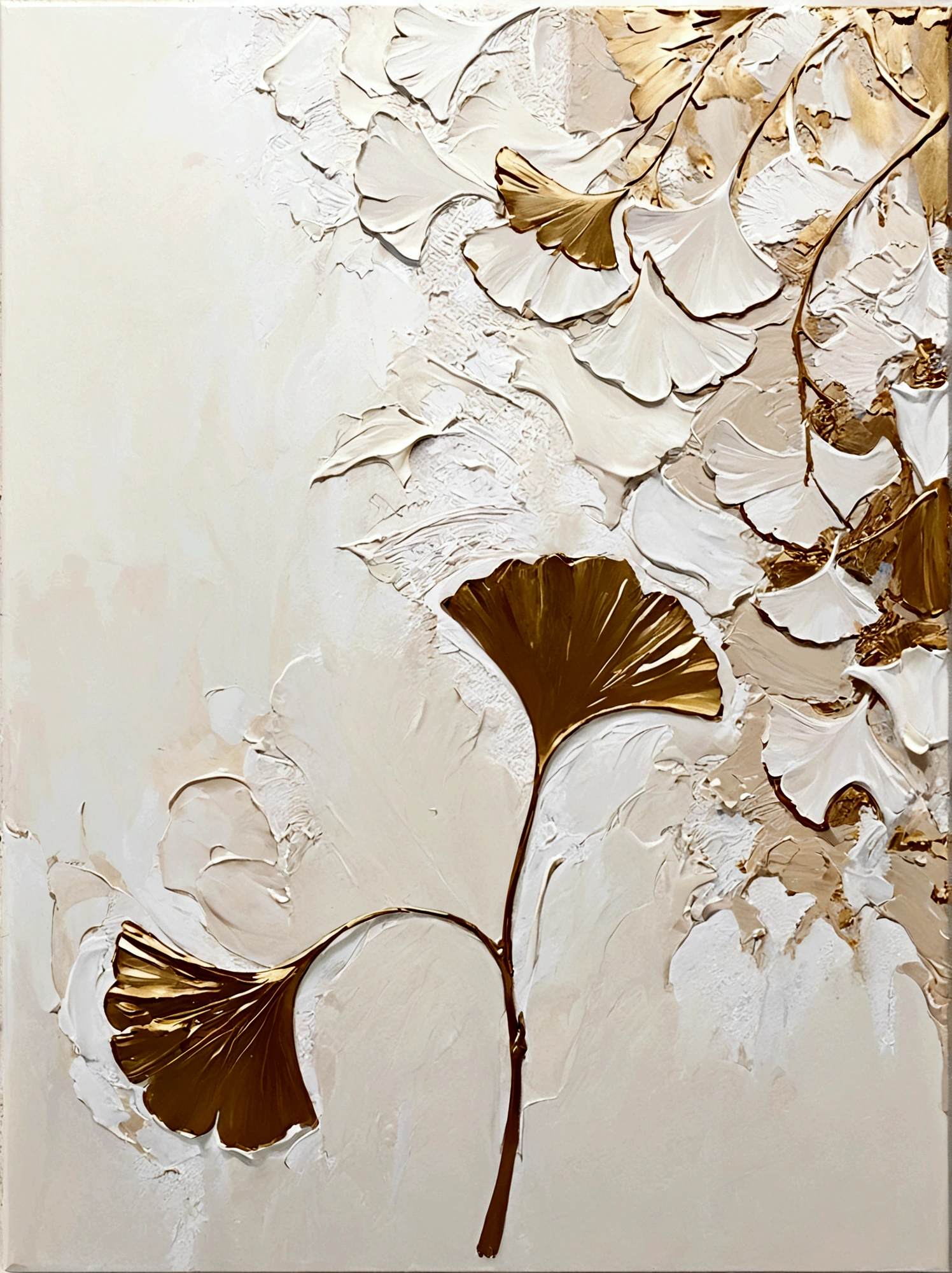 Gilded，ginkgo leaf，Ginkgo biloba leaves，vanilla，bright，White background，vanilla，cream，whiskey，Abstract Art，emotion，emotion，Thick textured paint, 