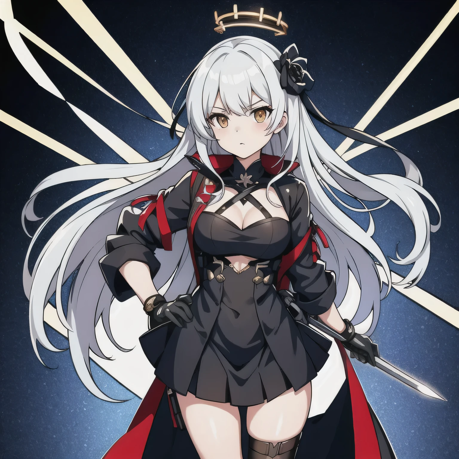 one Anime girl wearing a black dress, from girls frontline, girls frontline style, Kantai collection style, From the night of the ark, girls frontline universe, Fine details. Girl Front, Girls Frontline CG, Girl Front,arknight, azur lane style, white haired Cangcang, trending on artstation pixiv，simplebackground，The halo, holding a sword in battle stance