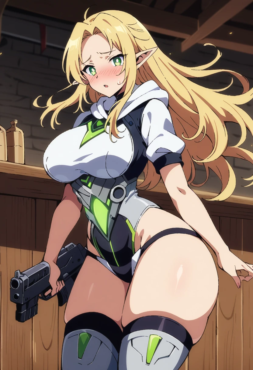 anime art style, masterpiece, best quality, very aesthetic, absurdres, dynamic shadows, atmosferic, marcilledonato, ((1girl)), blonde hair, long hair, parted bangs, green eyes, detailed eyes, bright pupils, pointy ears, curvy body, large breasts, sexy, ((futuristic clothes)), white hoodie, gun, short sleeves, thighhigh boots, borrowed, embarrased, intense blush, ((cowboy shot)), (from front), (floating), (tavern), (looking at viewer:1.0)