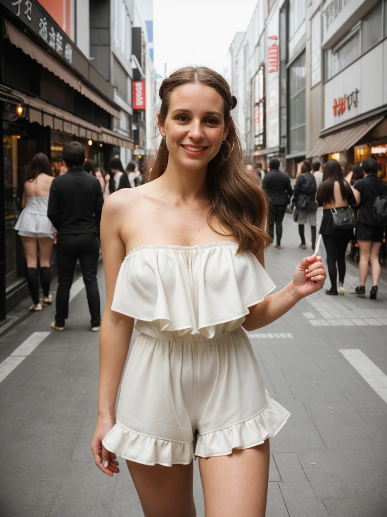 1girl, solo, photorealistic, realistic, long hair, ((ugly:1.5)), middle age, 35-year-old woman, wrinkles on her face and body, (((Caucasian woman))), straight nose, dark brown messy bun hair, diamond face shape face, white skin, thin lips, monolid eyes, (medium shot, half body), (realistic:1.3), finely detailed, quality, rembrandt lighting, (masterpiece:1.2), (photorealistic:1.2), (best quality), (detailed skin:1.3), (intricate details), dramatic, ray tracing,detailed skin texture, (blush:0.5), (goosebumps:0.5), subsurface scattering, smiling, medium breasts, (((outfit: rom_1, strapless white ruffled romper, platform shoes))), full body, strolling, (bright sunny day, tokyo, Harajuku, Takeshita Street, fashion boutiques, street vendors, sky), (((dynamic pose)))