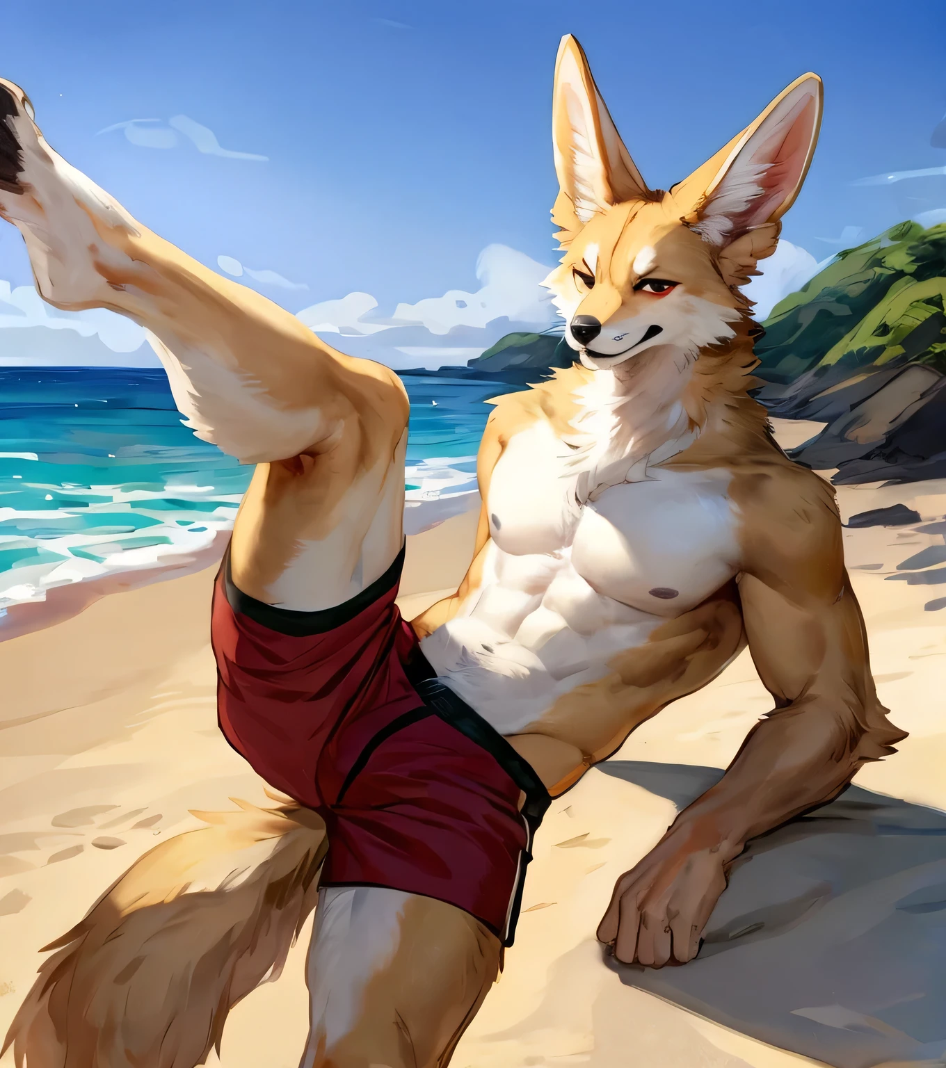 (solo,furry,anthro,hyper realistic), male, standing, smirk, smug, teeth grin, looking away, head tilt, kicking legs up, wearing ((dark red)) boxer shorts, muscular body, realistic fur, Fennec, beach, blurred background, by bebebebebe:1.2, by buta99, by foxovh, by ruan jia