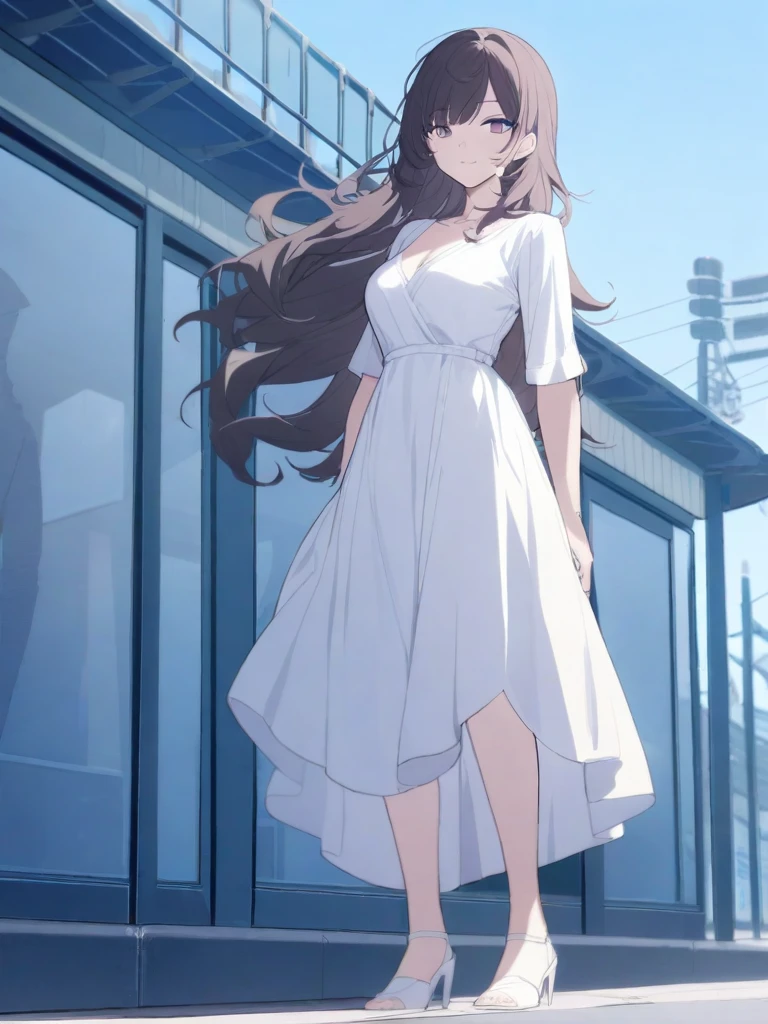 masterpiece, best quality, high quality, beautiful anime character, solo, anime girl with dark hair, (messy hair, long hair, choppy bangs, chopped bangs), purple eyes, medium breasts, mature female, tall female, big girl, thick, light smile, outdoors, almost full body, (white casual dress), slim thighs,