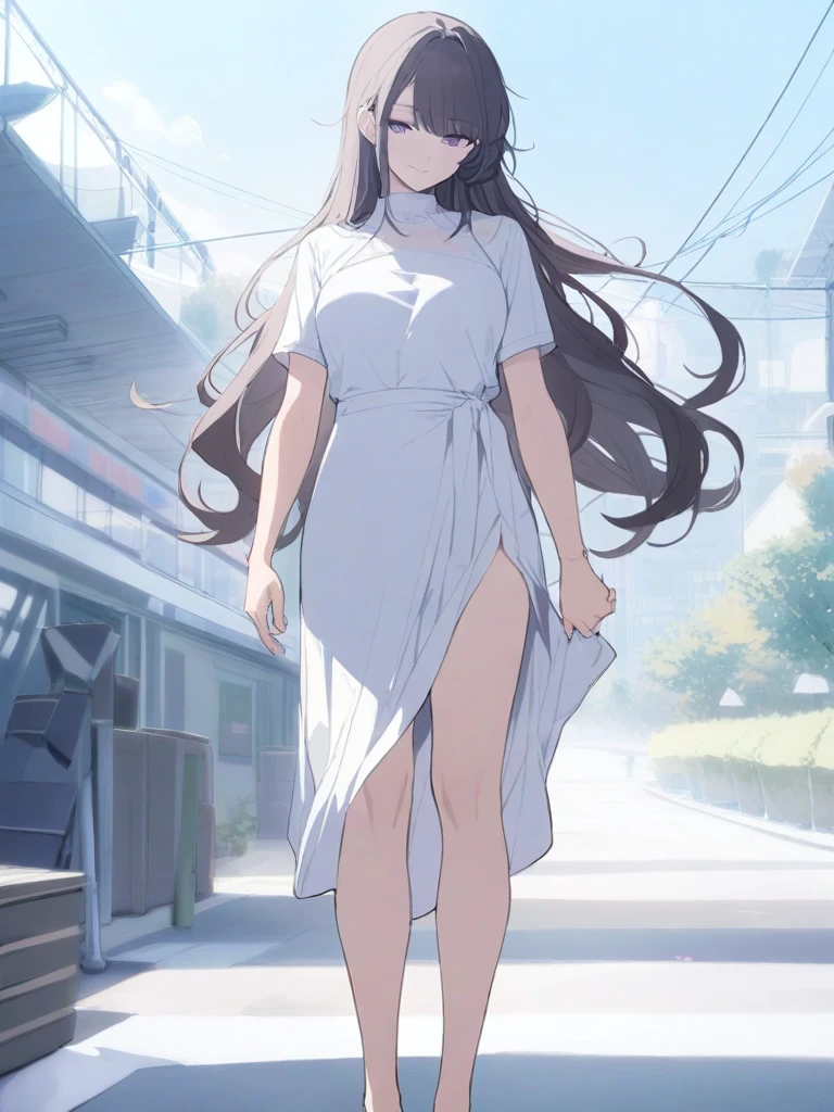 masterpiece, best quality, high quality, beautiful anime character, solo, anime girl with dark hair, (messy hair, long hair, choppy bangs, chopped bangs), purple eyes, medium breasts, mature female, tall female, big girl, thick, light smile, outdoors, almost full body, (white casual dress), slim thighs, 