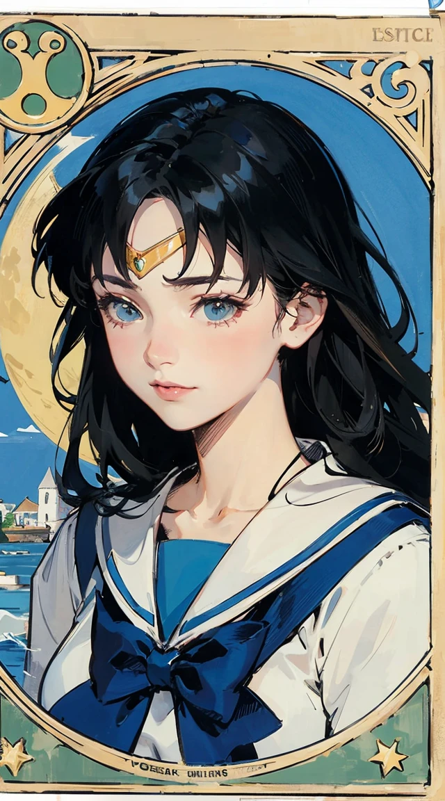 looking away, aerial angle, (mechanical, complex body), ((huge god's weapon has female face's outline embedded)), small breast, drooping eyes, blush, sleepy, (art nouveau), The main character is Usagi Tsukino, a clumsy and seemingly ordinary teenage girl who discovers that she is the reincarnation of Sailor Moon, the legendary warrior of love and justice. Usagi is joined by other Sailor Guardians, including Sailor Mercury, Sailor Mars, Sailor Jupiter, and Sailor Venus, each of whom possesses unique powers and abilities. Together, they fight evil forces, protect the world from various threats, and search for the Moon Princess.