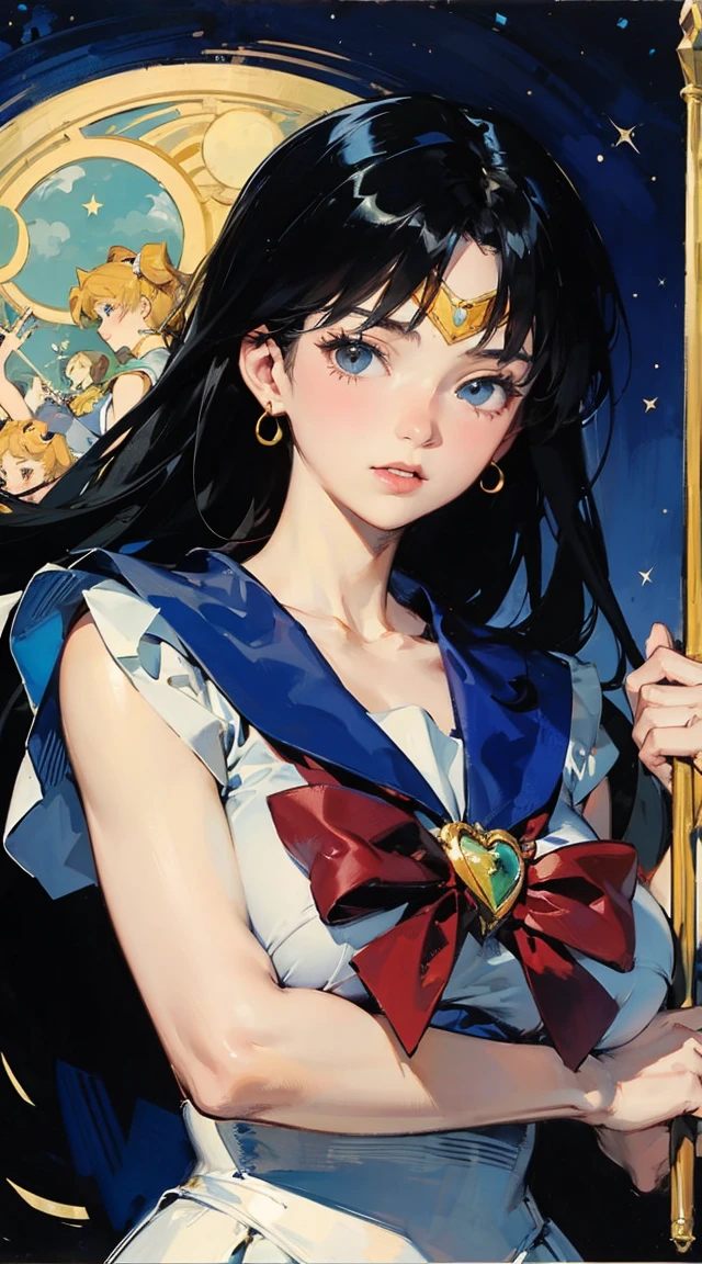 looking away, aerial angle, (mechanical, complex body), ((huge god's weapon has female face's outline embedded)), small breast, drooping eyes, blush, sleepy, (art nouveau), The main character is Usagi Tsukino, a clumsy and seemingly ordinary age girl who discovers that she is the reincarnation of Sailor Moon, the legendary warrior of love and justice. Usagi is joined by other Sailor Guardians, including Sailor Mercury, Sailor Mars, Sailor Jupiter, and Sailor Venus, each of whom possesses unique powers and abilities. Together, they fight evil forces, protect the world from various threats, and search for the Moon Princess.