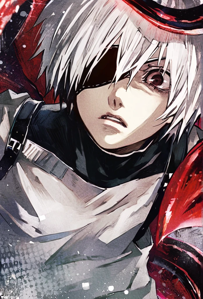 ```
ken kaneki, Tokyo Ghoul, white hair, black outfit, eyepatch, half-ghoul, serious expression, red kakugan eye, kagune tentacles, detailed face, high quality、Overall view、Uplifting、Cold-like sensation、Acrobatic
```