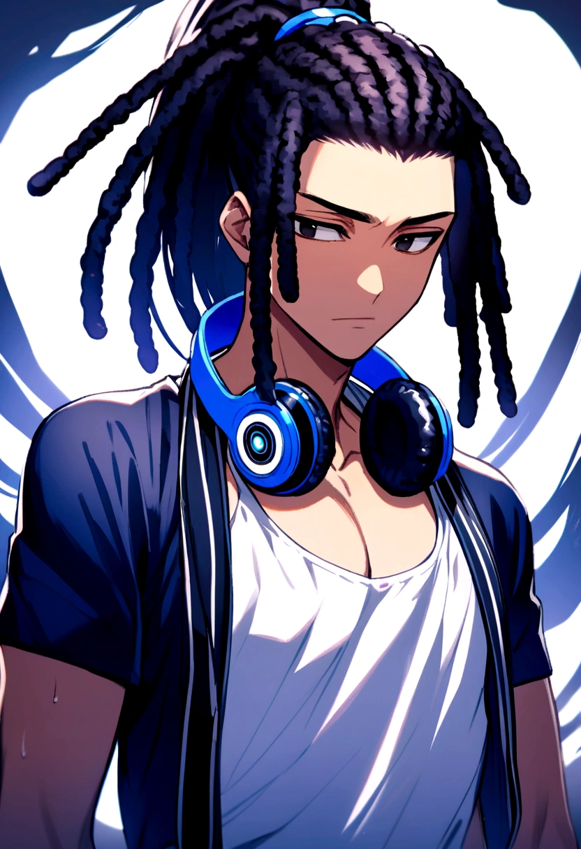 black haired boy, dreadlocks tied in a high ponytail, black eyes, white tank top with exposed chest, dark blue headphones around his neck.