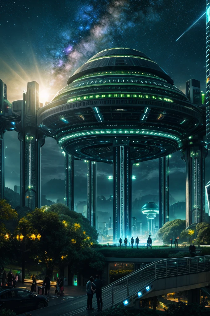 Landscape , city scene  , ultra detailed fantasy, magical world,galaxy design sky, futuristic alien technology infrastructure in scene , greenry attached with infrastructure , people in the city , people roaming , people wearning astronaut dress  ,  realistic, behance hd, light spread from the house, night time , master piece 