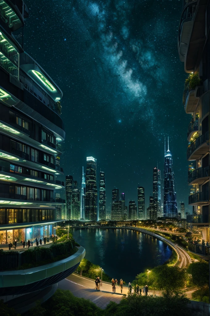 Landscape , city scene , ultra detailed fantasy, magical world,galaxy design sky, futuristic alien technology infrastructure in scene , greenry attached with infrastructure , people in the city , people roaming , people wearning astronaut dress , realistic, behance hd, light spread from the house, night time , master piece