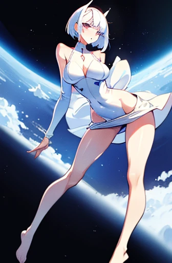 Cream white short messy hair, space ship, space dress (white one piece no extra clothing), sexy slim body, creamy shiny skin, super huge breasts, full body