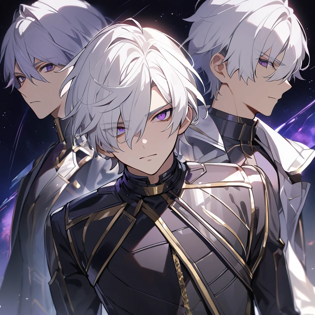 High quality, HD, 4k, no shadows, handsome male, 1male, , teenager, go lining, short white hair, sharp eyes, dark purple eyes, deep purple eyes, devil may cry, close up, calm expression, stoic expression, black leather clothes, lean body, well trained body, upper body, looking at viewer, cowboy shot, white solar, space background